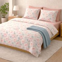 Lenjerie pat Ranforce Cotton Pro Bumbac 100%, King Size, 6 piese Bujori Roz/Albastru RCP81 Ralex Pucioasa