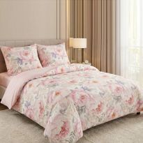 Lenjerie pat Ranforce Cotton Pro Bumbac 100%, King Size cu husa, 4 piese Bujori Roz RCP22