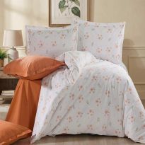 Lenjerie pat Ranforce Cotton Pro Bumbac 100%, King Size, 4 piese Floricele Alb/Portocaliu RCP30