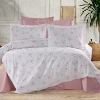 Lenjerie pat Ranforce Cotton Pro Bumbac 100%, King Size cu husa, 4 piese Flori Alb/Roz RCP31