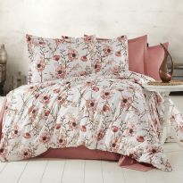Lenjerie de pat dublu Bumbac Ranforce 4 piese cearsaf pat 240 x 260 cm, pilota 200x230 cm, 2 fete perne 50x70 cm, Roz / Alb, Pucioasa