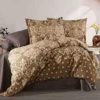 Lenjerie de pat dublu Bumbac Ranforce 4 piese cearsaf pat 240 x 260 cm, pilota 200x230 cm, 2 fete perne 50x70 cm, Bej / Maro, Pucioasa