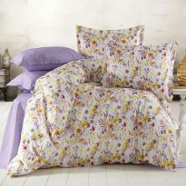 Lenjerie de pat dublu Bumbac Ranforce 4 piese cearsaf pat 240 x 260 cm, pilota 200x230 cm, 2 fete perne 50x70 cm, Mov / Galben, Pucioasa