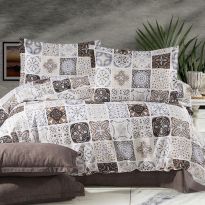 Lenjerie de pat dublu Bumbac Ranforce 4 piese cearsaf pat 240 x 260 cm, pilota 200x230 cm, 2 fete perne 50x70 cm, Crem / Maro, Pucioasa