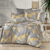 Lenjerie de pat dublu Bumbac Ranforce 4 piese cearsaf pat 240 x 260 cm, pilota 200x230 cm, 2 fete perne 50x70 cm, Galben / Gri, Pucioasa