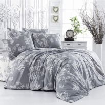 Lenjerie de pat dublu Bumbac Ranforce 4 piese cearsaf pat 240 x 260 cm, pilota 200x230 cm, 2 fete perne 50x70 cm, Alb-Gri, Pucioasa