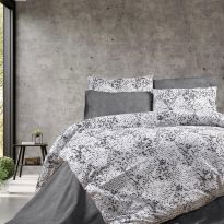 Lenjerie de pat dublu Bumbac Ranforce 4 piese cearsaf pat 240 x 260 cm, pilota 200x230 cm, 2 fete perne 50x70 cm, Alb-Gri, Pucioasa