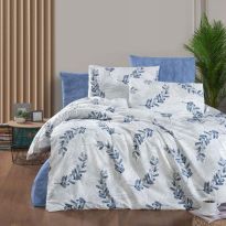 Lenjerie de pat dublu Bumbac Ranforce 4 piese cearsaf pat 240 x 260 cm, pilota 200x230 cm, 2 fete perne 50x70 cm, Alb / Albastru, Pucioasa