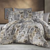 Lenjerie de pat dublu Bumbac Ranforce 4 piese cearsaf pat 240 x 260 cm, pilota 200x230 cm, 2 fete perne 50x70 cm, Gri-Bej, Pucioasa