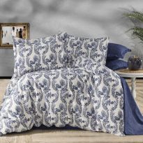 Lenjerie de pat dublu Bumbac Ranforce 4 piese cearsaf pat 240 x 260 cm, pilota 200x230 cm, 2 fete perne 50x70 cm, Alb-Albastru, Pucioasa