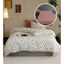 Lenjerie pat Tricot Bumbac 100% cu husă pentru saltea de 160/180cm x 200cm, pilotă 200x230 cm, 2 fețe perne 50x70 cm, Crem / Roz, Pucioasa, Răsfăț Natural