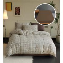 Lenjerie pat Tricot Bumbac 100% cu husă pentru saltea de 160/180cm x 200cm, pilotă 200x230 cm, 2 fețe perne 50x70 cm, Bej / Maro, Pucioasa, Răsfăț Natural