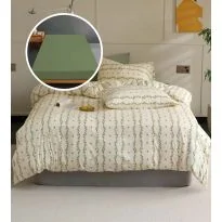 Lenjerie pat Tricot Bumbac 100% cu husă pentru saltea de 160/180cm x 200cm, pilotă 200x230 cm, 2 fețe perne 50x70 cm, Bej / Verde, Pucioasa, Răsfăț Natural