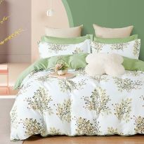 Lenjerie de pat dublu Percalle imprimat Bumbac 100% 4 piese cearsaf pat 240x260 cm, pilota 200x230 cm, 2 fete perne 50x70 cm, Copaci Alb / Verde, Pucioasa