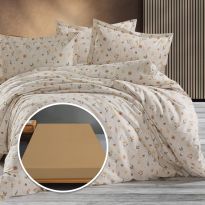 Lenjerie pat Ranforce Bumbac 100% cu husa pentru saltea de 140/160cm x 200cm, pilota 200x230 cm, 2 fete perne 50x70 cm, Bej / Portocaliu, Pucioasa