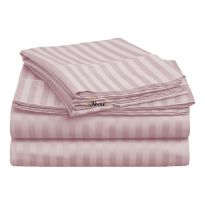Cearsaf de pat 2 persoane king size Damasc Bumbac 100% tip Hotel cu dunga 1 cm, 240x260 cm, Roz Pudra