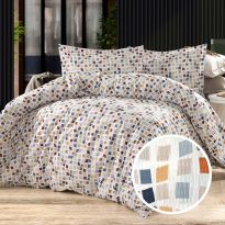 Lenjerie pat dublu Creponata 100% Bumbac, cearsaf pat 200x230 cm, pilota 180x215 cm, 2 fete perna 50x70 cm, Imprimeu colorat Crem-Gri, Pucioasa