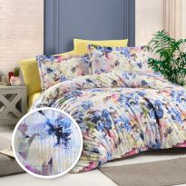 Lenjerie pat dublu Creponata 100% Bumbac, cearsaf pat 200x230 cm, pilota 180x215 cm, 2 fete perna 50x70 cm, Crem Albastru, Pucioasa CREP44