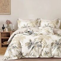 Lenjerie pat dublu extra large Percalle imprimat Bumbac 100%, 6 piese, cearsaf pat 240x260 cm, pilota 200x230 cm, 2 fete perna 50x70 cm si 70x70 cm, Palmieri Bej, Pucioasa