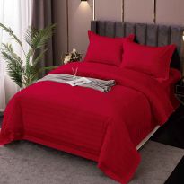 Lenjerie de pat dublu XXL Damasc Policoton dunga 1 cm, cearsaf pat 230x260 cm, pilota 200x230 cm, 4 piese Rosu bordo IMP6, Pucioasa 