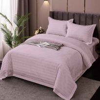 Lenjerie de pat dublu XXL Damasc Policoton dunga 1 cm, cearsaf pat 230x260 cm, pilota 200x230 cm, 4 piese Roz IMP9, Pucioasa