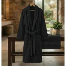 Halat de baie si SPA Hotel cu guler Kimono Velur 100% Bumbac, unisex L-XL, 420 grame/mp, Negru