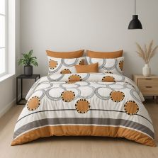 Lenjerie pat dublu ELVO 4 piese cearsaf pat 230x250 cm, pilota 200x230 cm, 2 fete perne 50x70 cm, Cercuri Alb / Portocaliu Ralex Pucioasa