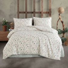 Lenjerie pat Ranforce Cotton Pro Bumbac 100%, 1 persoana cu husa, 3 piese Frunze Crem/Roz RCP49