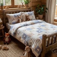 Lenjerie pat Ranforce Cotton Pro Bumbac 100%, King Size, 6 piese Imprimeu Animale Crem/Albastru RCP25