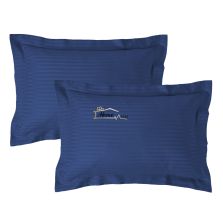 Set 2 fete de perna Damasc policoton dunga 1 cm, 50 x 70 cm si tiv cu bordura 3,5 cm, Albastru