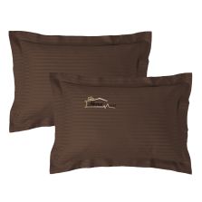 Set 2 fete de perna Damasc policoton dunga 1 cm, 50 x 70 cm si tiv cu bordura 3,5 cm, Maro