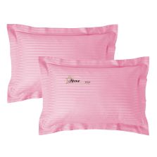 Set 2 fete de perna Damasc policoton dunga 1 cm, 50 x 70 cm si tiv cu bordura 3,5 cm, Roz Bonbon