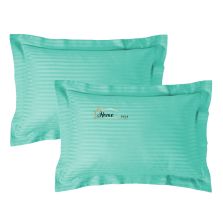 Set 2 fete de perna Damasc policoton dunga 1 cm, 50 x 70 cm si tiv cu bordura 3,5 cm, Turcoaz Deschis