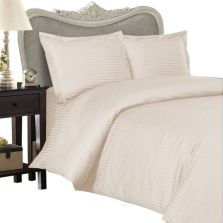 Lenjerie de pat o persoana Damasc Policoton dunga 1 cm, 3 piese, cearsaf pat 160x230 cm, cearsaf pilota 140x220 cm, fata perna 50x70 cm Bej Cappuccino 