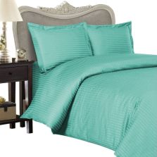 Lenjerie de pat o persoana Damasc Policoton dunga 1 cm, 3 piese, cearsaf pat 160x230 cm, cearsaf pilota 140x220 cm, fata perna 50x70 cm Turcoaz Deschis