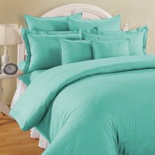 Lenjerie de pat dublu king size 6 piese Damasc Policoton dunga 1 cm, cearsaf pat 230x260 cm, cearsaf pilota 200x230 cm, fete perne 50x70 cm si 70x70 cm Turcoaz Deschis