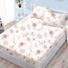 Set husă pat Finet Elegance + 2 fețe perne pentru saltea de 160x200 cm, Trandafiri și frunzulițe, Roz Ralex Pucioasa