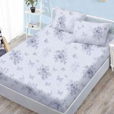 Set husă pat Finet Elegance + 2 fețe perne pentru saltea de 160x200 cm, Trandafiri și fluturi, Bleu Deschis Ralex Pucioasa