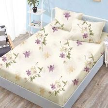 Set husă pat Finet Elegance + 2 fețe perne pentru saltea de 160x200 cm, Floricele, Crem Mov Ralex Pucioasa