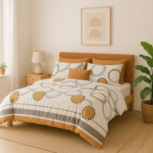 Lenjerie pat dublu ELVO 4 piese cearsaf pat 230x250 cm, pilota 200x230 cm, 2 fete perne 50x70 cm, Cercuri Alb / Portocaliu Ralex Pucioasa