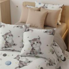 Lenjerie pat Ranforce Cotton Pro Bumbac 100%, King Size cu husa, 6 piese Pisicute Alb/Gri RCP13