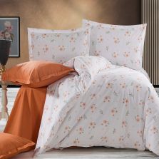 Lenjerie pat Ranforce Cotton Pro Bumbac 100%, King Size cu husa, 6 piese Floricele Alb/Portocaliu RCP30