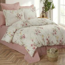 Lenjerie pat Ranforce Cotton Pro Bumbac 100%, King Size cu husa, 6 piese Floricele Crem/Roz RCP37