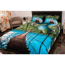 Lenjerie de pat dublu 4 piese 220 x 230 cm Digital Print 3D, Albastru/Maro Peisaj Pod Pucioasa 