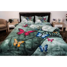 Lenjerie de pat dublu 4 piese 220 x 230 cm Digital Print 3D, Albastru Fluturasi pe Pod Pucioasa 