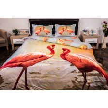 Lenjerie de pat dublu 4 piese 220 x 230 cm Digital Print 3D, Portocaliu/Albastru Flamingo Pucioasa 