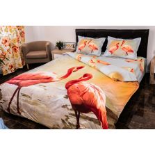 Lenjerie de pat dublu 4 piese 220 x 230 cm Digital Print 3D, Portocaliu/Albastru Flamingo Pucioasa 