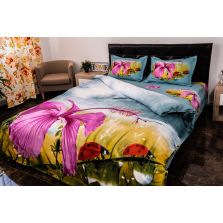 Lenjerie de pat dublu 4 piese 220 x 230 cm Digital Print 3D, Albastru/Mov Floare si buburuze Mara G5 Pucioasa 