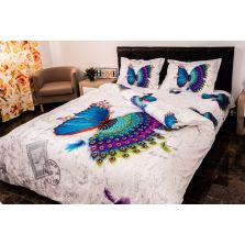 Lenjerie de pat dublu 4 piese 220 x 230 cm Digital Print 3D, Alb/Albastru Fluture Paun Pucioasa 