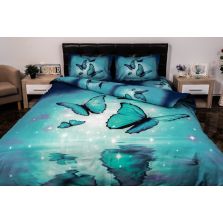 Lenjerie de pat dublu 4 piese 220 x 230 cm Digital Print 3D, Albastru Fluturasi Pucioasa 